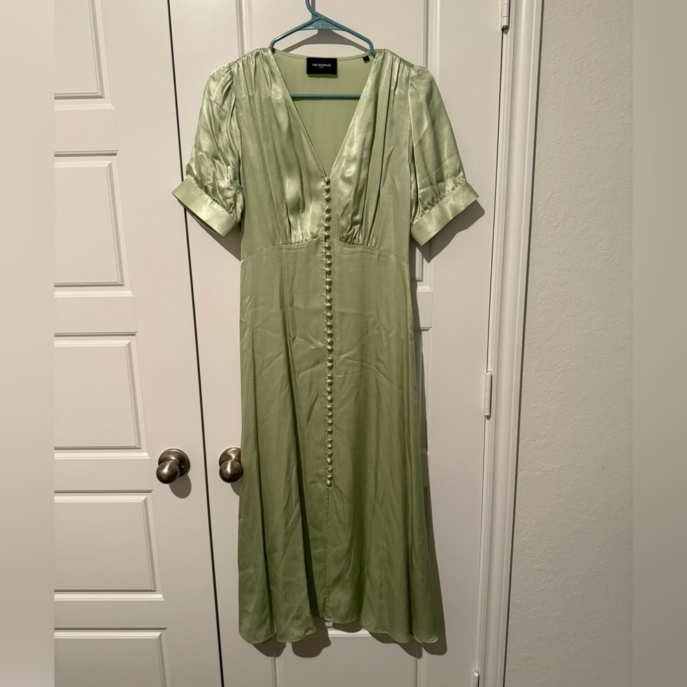The Kooples Light Sage Green Satin Button-Front Midi Dress